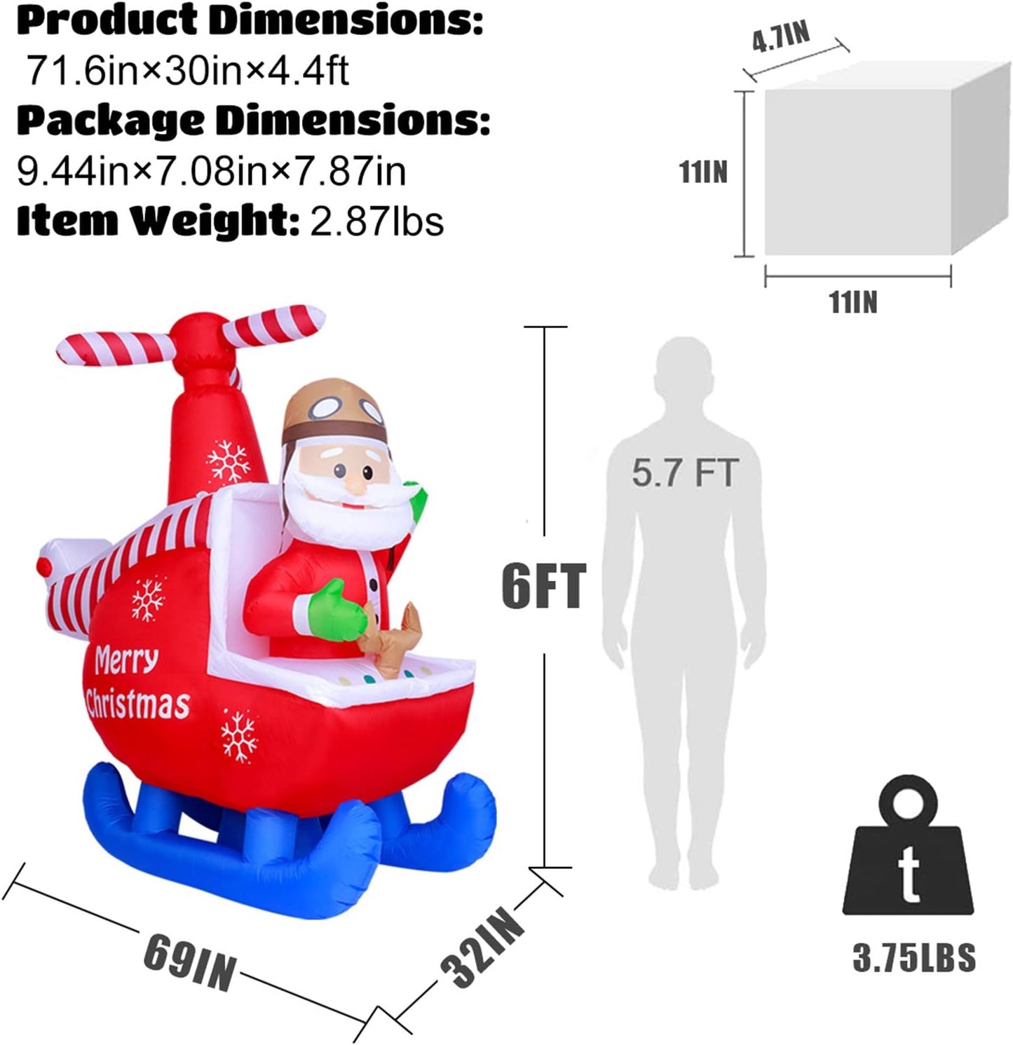 6Ft Christmas Inflatable Decorations Claus Blow up Built-In LED Outdoor Indoor Yard Lighted for Holiday Season, Quick Air Blown, 6 Feet High, Santa W/Helicopter