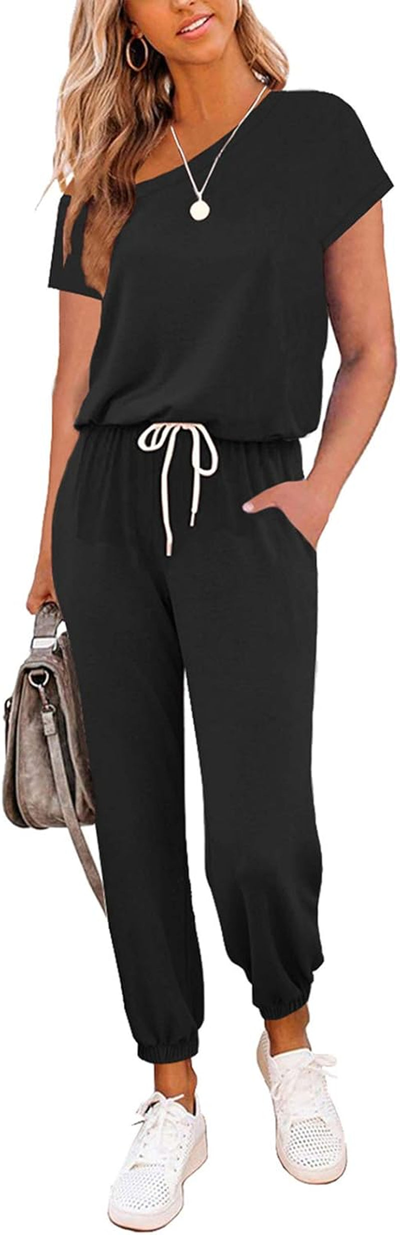 Jumpsuits for Women Black Casual Summer Short Sleeve off Shoulder Loose Elastic Drawstring Waist Rompers with Pockets